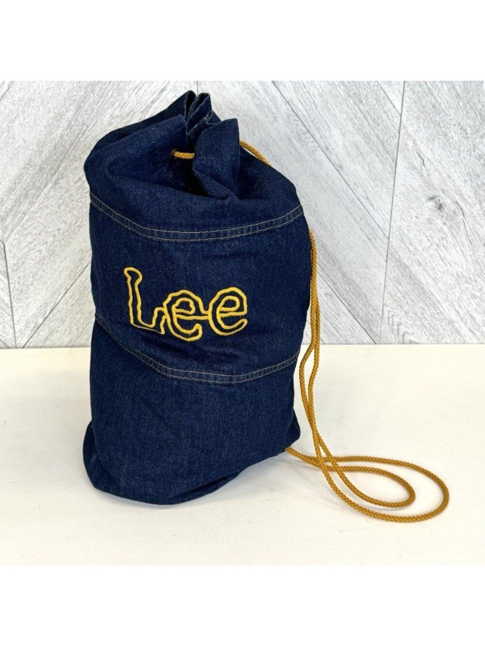 Vintage 70s Lee Jeans Denim Drawstring Bag Backpack Duffle Embroidered Cotton